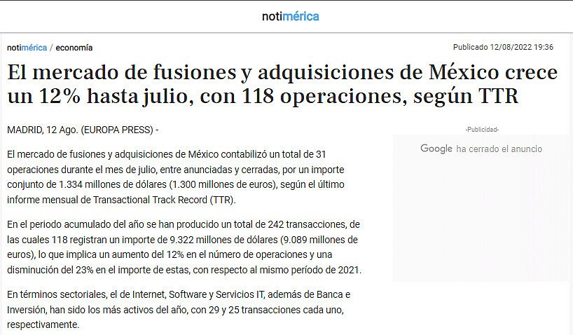 El mercado de fusiones y adquisiciones de Mxico crece un 12% hasta julio, con 118 operaciones, segn TTR